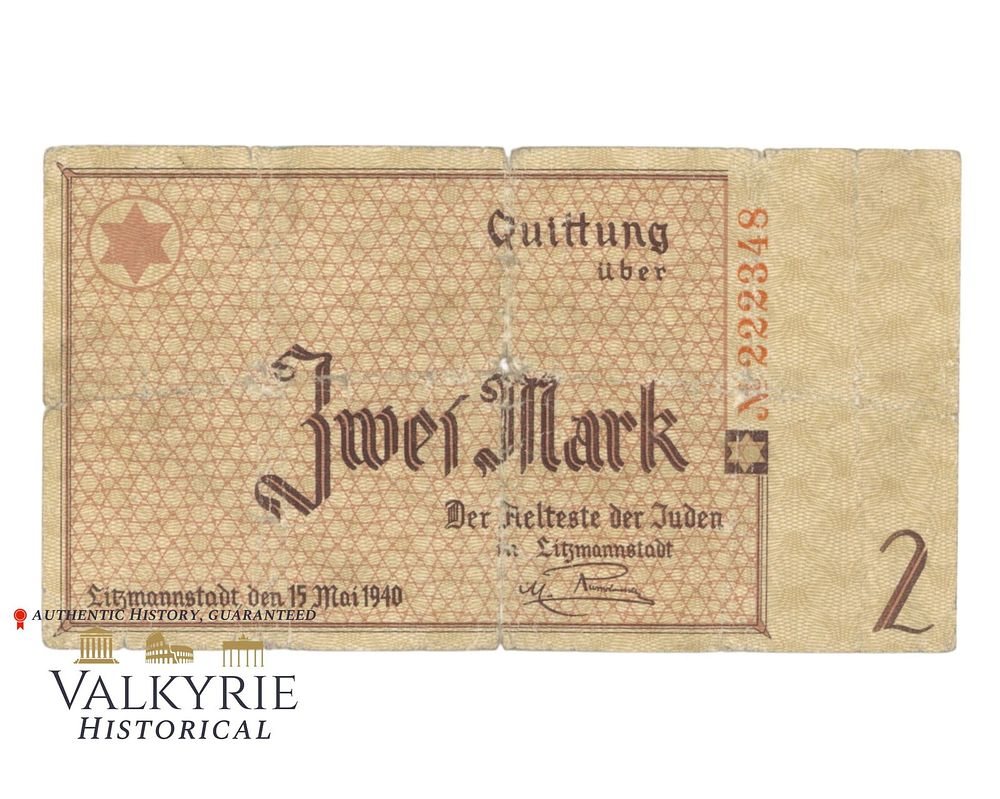 Lot 265: Original Litzmannstadt Jewish Ghetto Banknote of 2 Mark in Used Condition