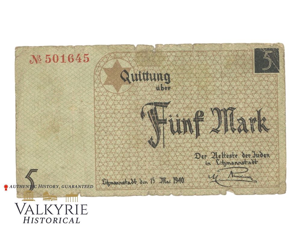 Lot 266: Original Litzmannstadt Jewish Ghetto Banknote of 5 Mark in Used Condition.