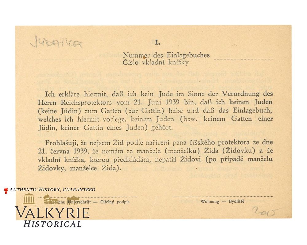 Lot 268: Czech Declaration Form of Not Being a Jew or Having Jewish Husband or Wife Under German Occupation