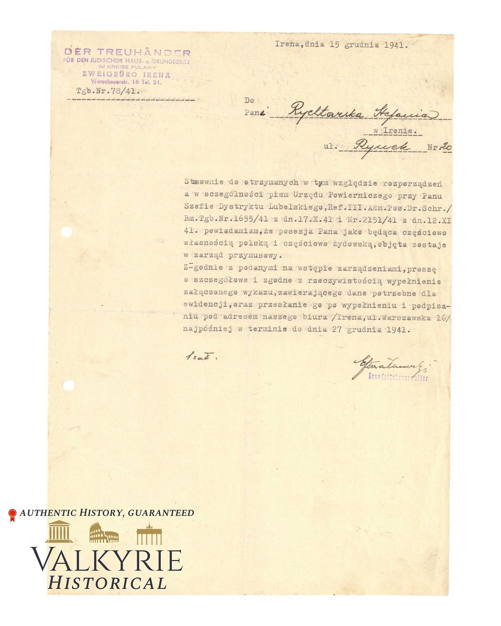 Lot 269: Letter of a Trustee for the Jewish House and Property in District Pulawy - 1941