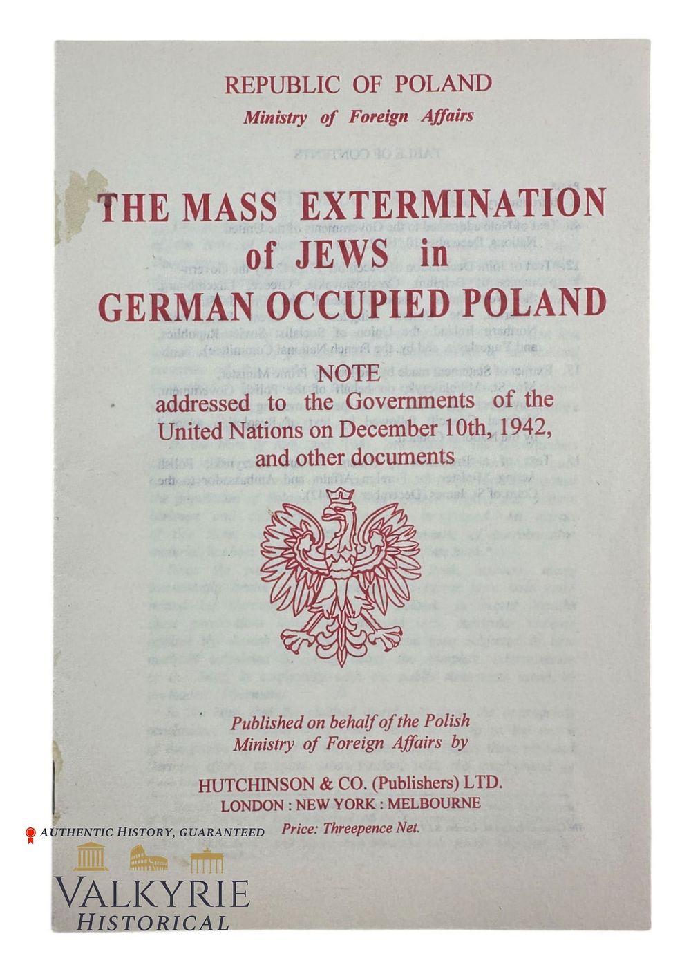 Lot 289: Polish Book in English "The Mass Extermination of Jews in German Occupied Poland"