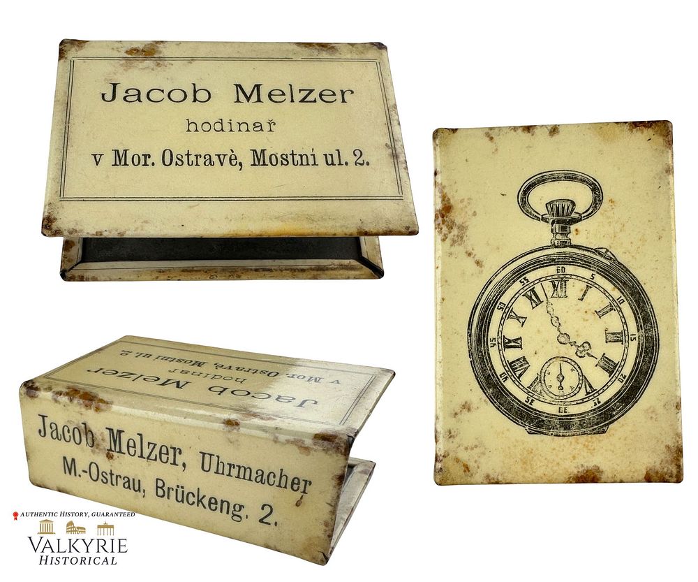 Lot 291: Metal Box of Watch Jewish Manufacturer "Jacob Melzer" as an Advertisement for a Match Case