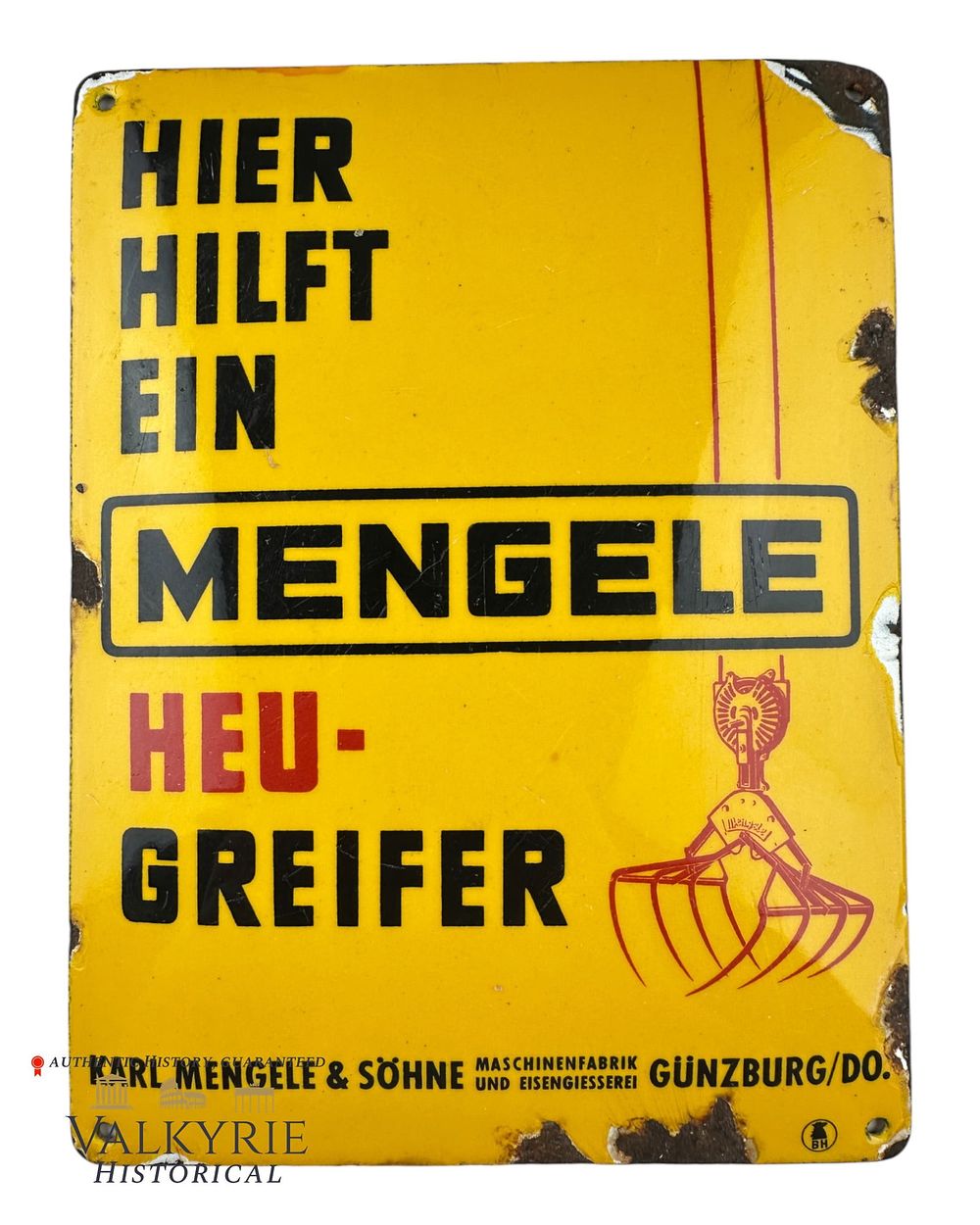 Lot 297: Advertisement Enamelled Plaque of Dr. Mengele's Family Company "Karl Mengele & Sohne"