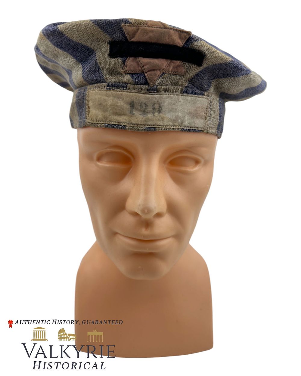 Lot 301: Ultra Rare Concentration Camp Inmate Striped Cap of a Political Jew With Black Slash for Recidivism