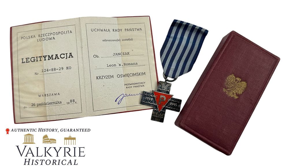 Lot 313: Set of the Polish Cross of Auschwitz With Award Document - Given to Surviving Poles of Nazi Camps