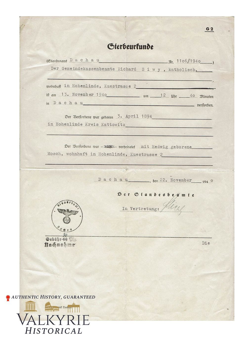 Lot 314: Rare Death Certificate Issued in the City of Dachau in 1940