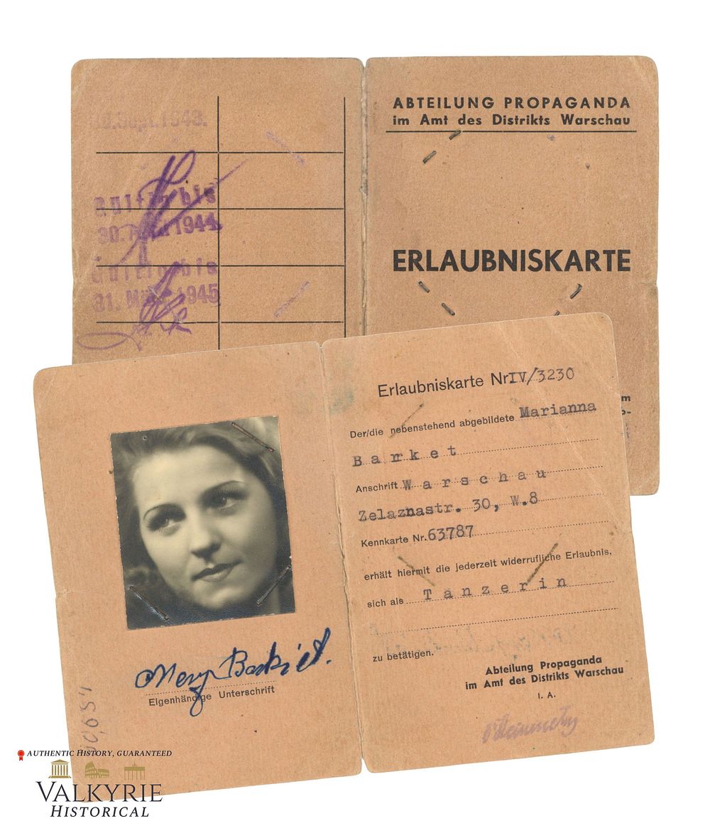 Lot 316: Rare Permission ID Issued in 1943 to a Polish Dancer From Occupied Warsaw