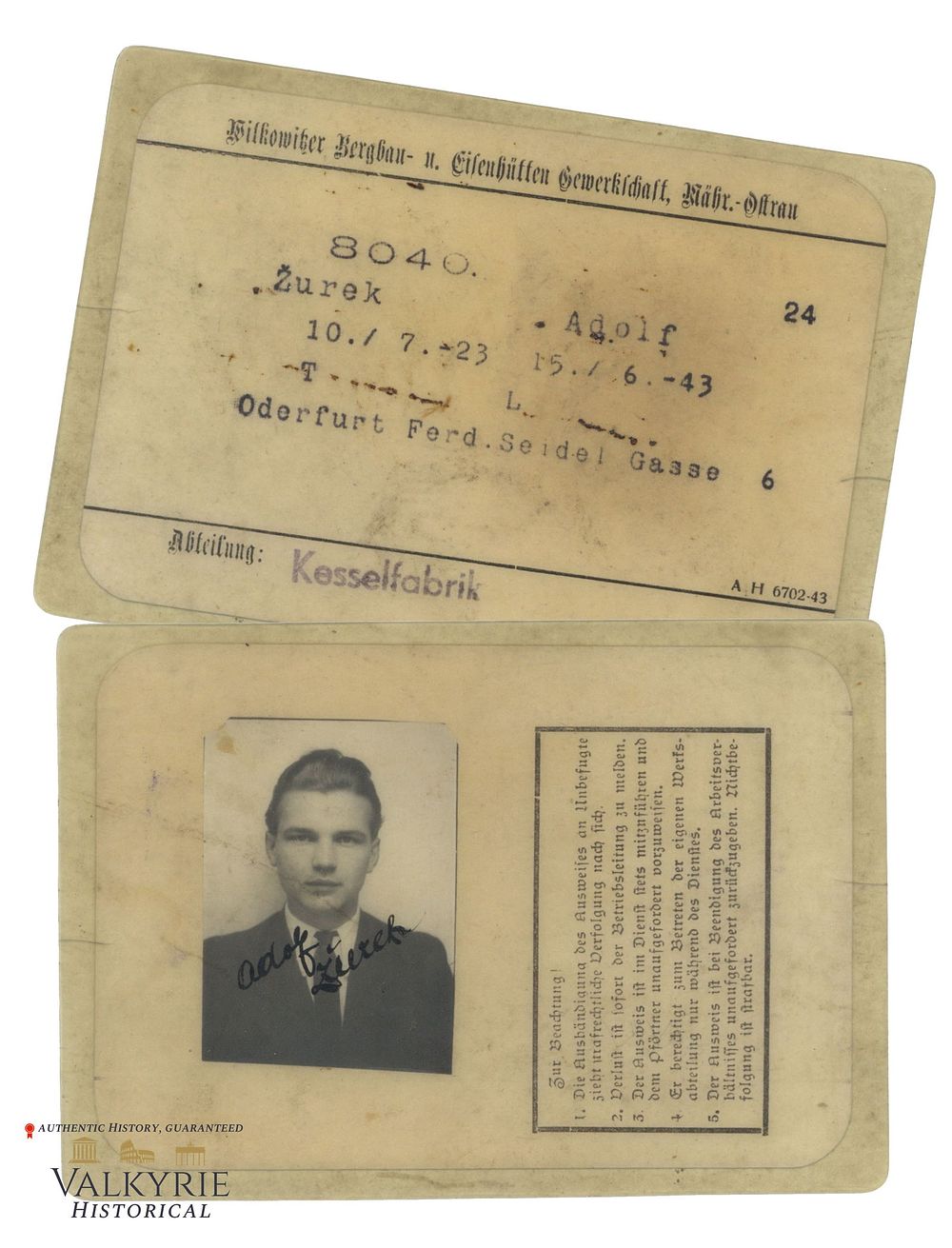 Lot 338: Factory Ausweis Issued to a Czech Worker Probably Slave Labourer in Metal Factory in Kessel