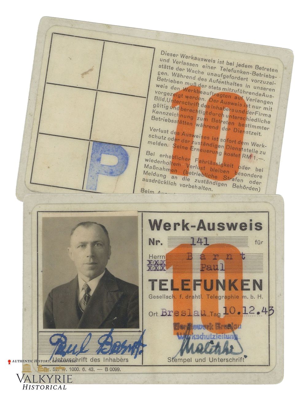 Lot 340: Factory Ausweis Issued to a Polish Man Who Worked as Slave Labourer in Telefunken Factory in Breslau