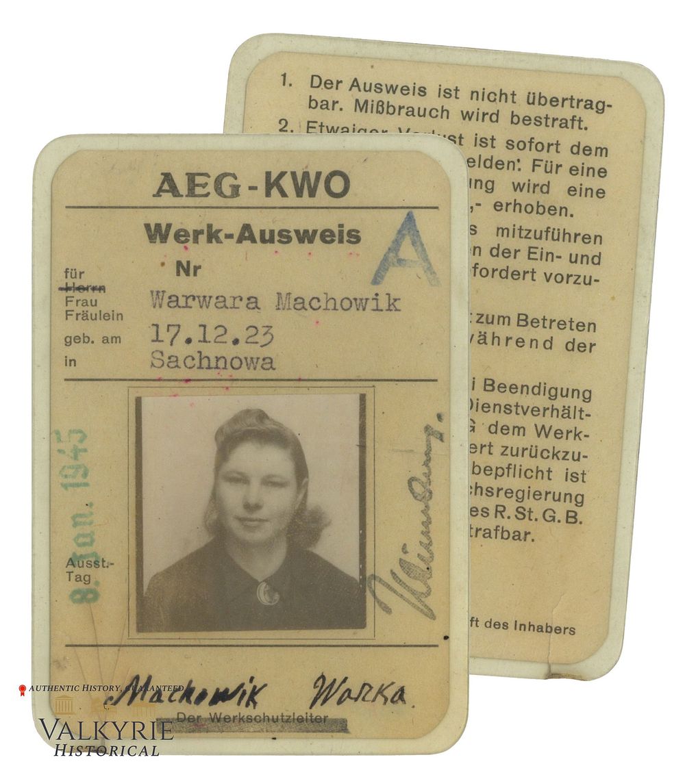 Lot 341: Laminated Factory Ausweis Issued to a Polish Woman Used as Slave Labour by AEG Company