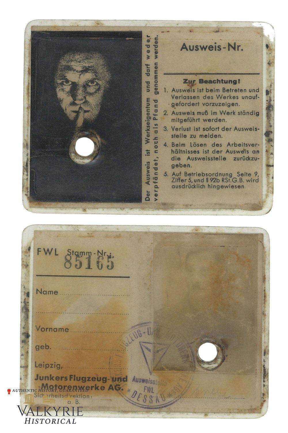 Lot 343: Ausweis Issued to a Worker of the Aircraft Manufacturer Junkers in Dessau Damaged by Water