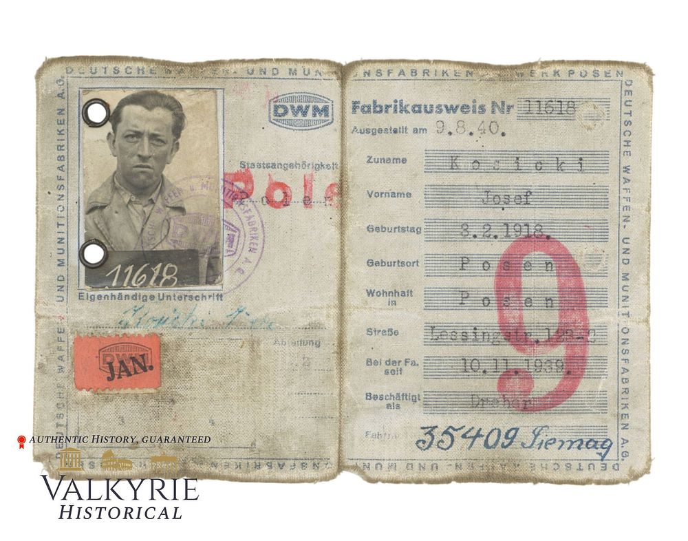 Lot 344: Factory Ausweis Issued to a Polish Slave Labourer by Deutsche Waffen und Munitionsfabriken Company