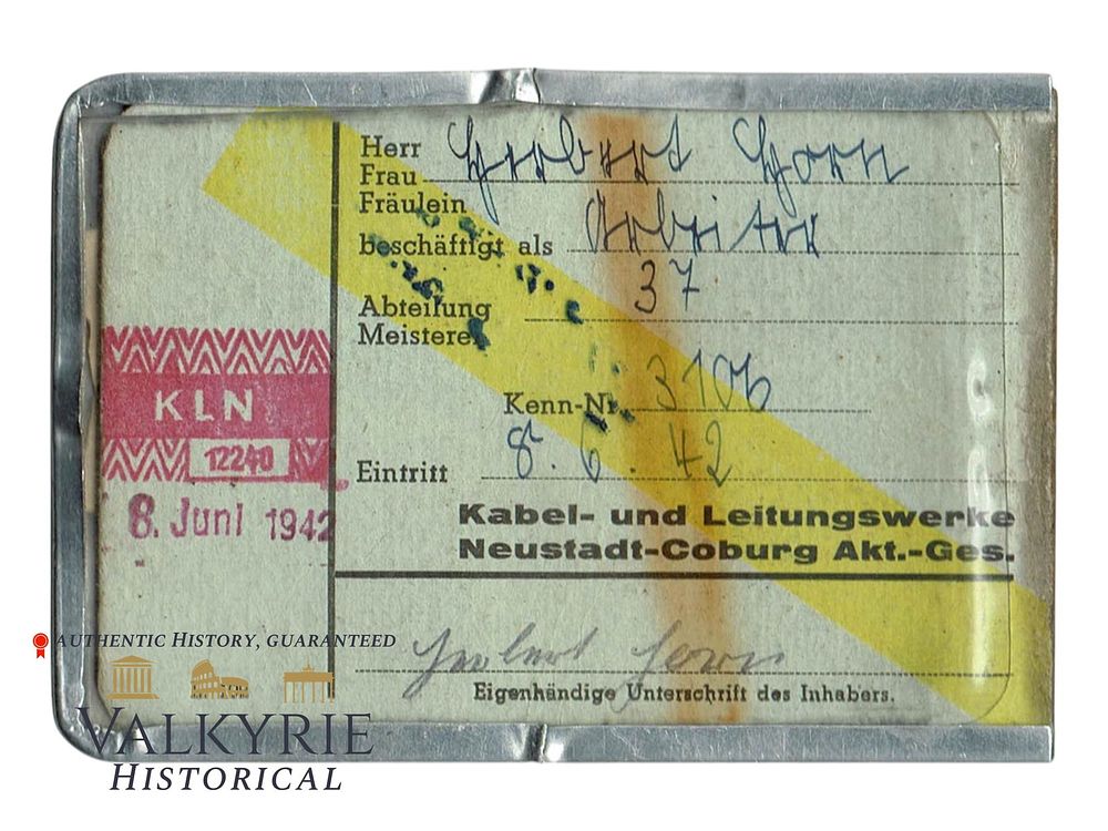 Lot 345: Factory Card Issued in 1942 to a Worker of German Company "Kabel und Leitungswerke Neustadt"