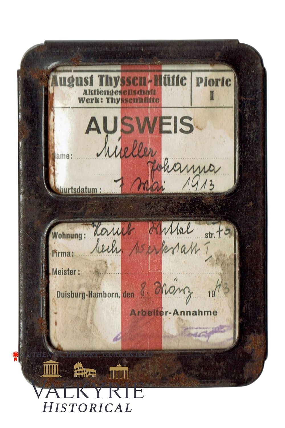 Lot 346: Ausweis Issued in 1943 to a Worker of German Company "August Thyssen-Huette"