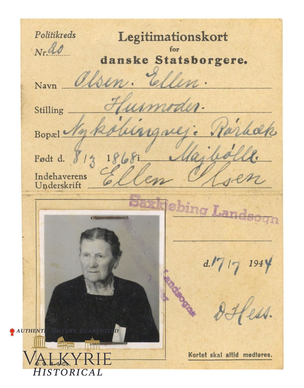 Lot 351: Identification Card For Danish Citizens Issued in 1944 to an Elderly Woman Who Was Housekeeper
