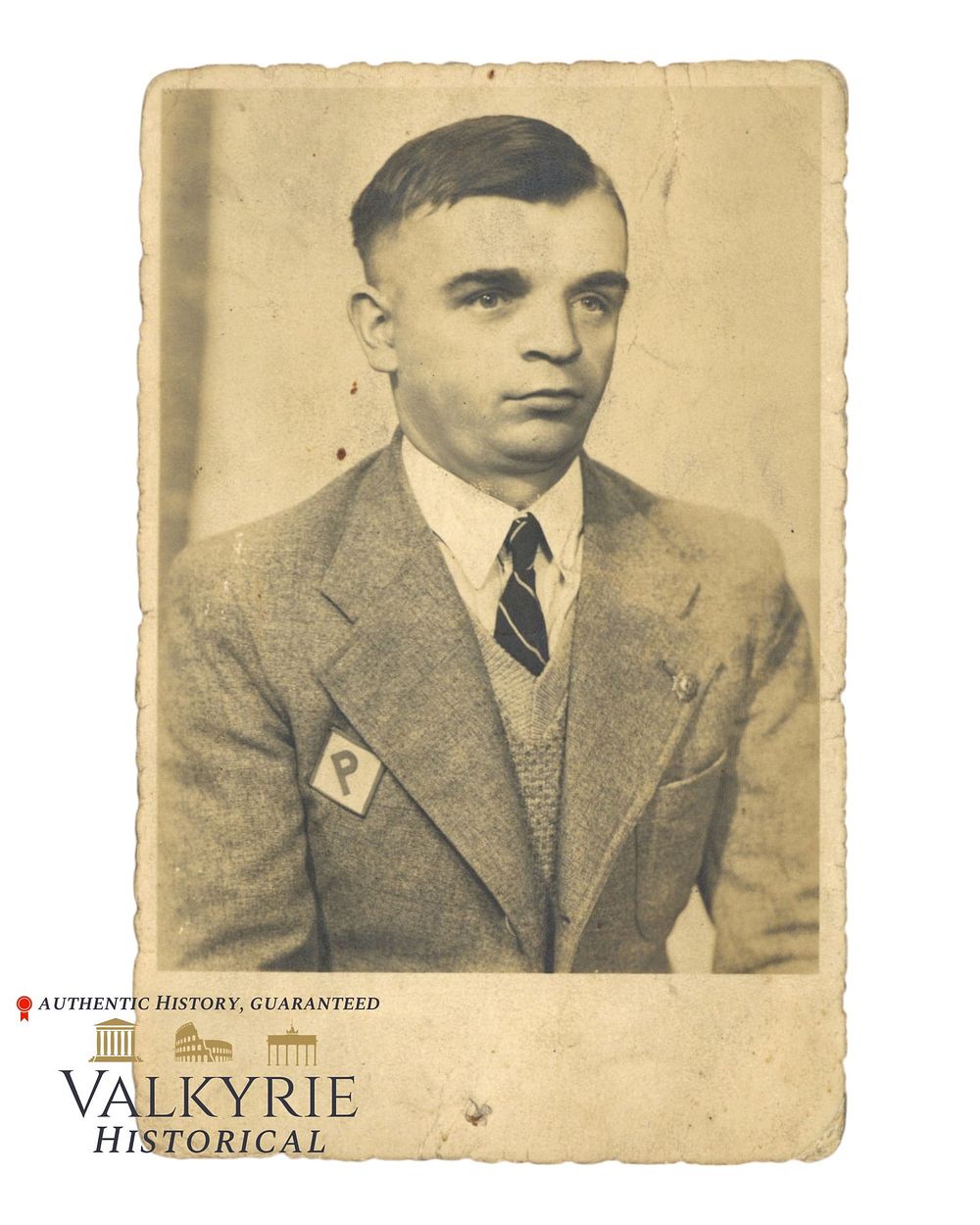 Lot 355: Postcard Size Photo of a Polish Slave Laborer Wearing the Cloth Patch With "P" For Polish Workers