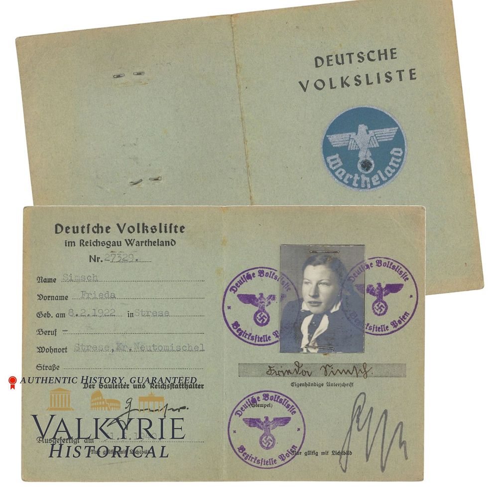Lot 357: German Volksliste Identification Document Issued in 1940 to a Woman From the Wartheland