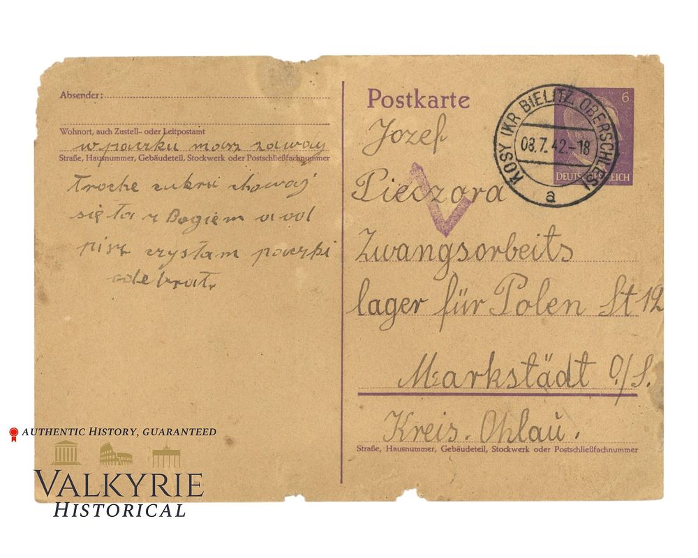Lot 358: Postcard Sent in 1942 by a Pole From a German Slave Labour Camp For Poles in Markstaedt