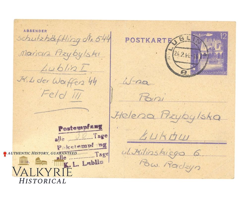 Lot 362: Rare Postcard Sent in 1944 by a Polish Prisoner From KL Lublin Camp of the Waffen SS