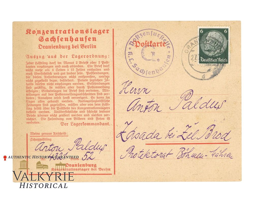 Lot 363: Postcard Sent by Czech Prisoner From German Concentration Camp KL Sachsenhausen