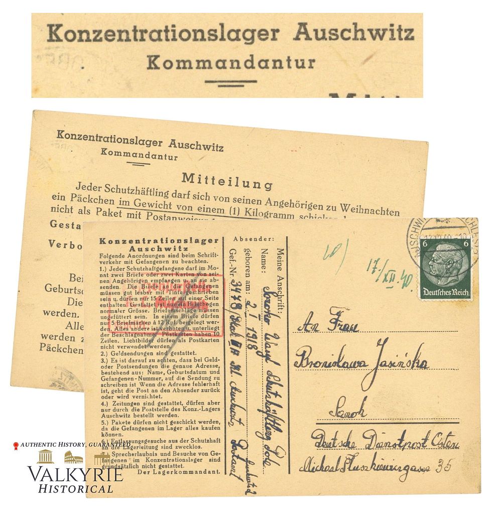 Lot 364: Rare Parcel Shipping Card Sent by Polish Prisoner From KL Auschwitz in 1940 - Early Transport
