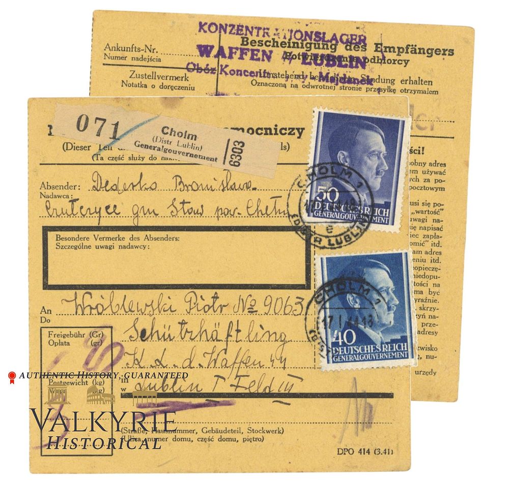 Lot 365: Parcel Shipping Receipt Card of Parcel Sent to a Prisoner in KL Lublin - Majdanek in 1944