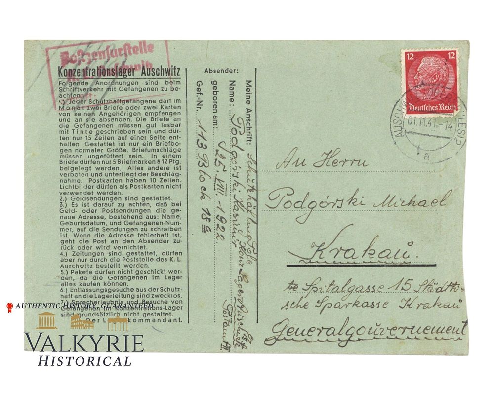 Lot 368: Rare Empty Envelope of Letter Sent by KL Auschwitz Polish Prisoner of the First Transport - Nr. 113
