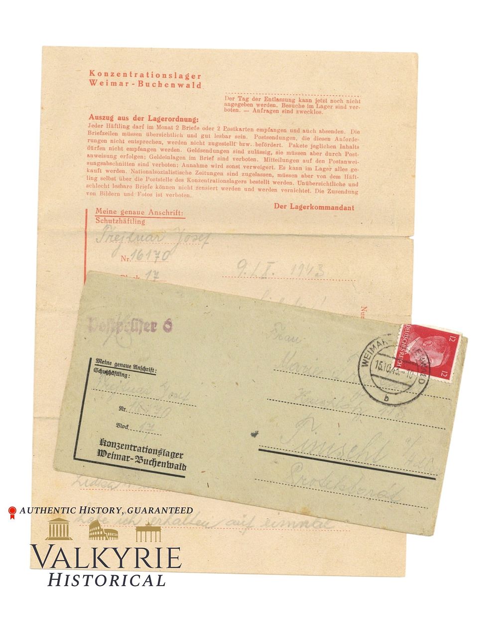 Lot 369: Letter Sent by Inmate of the KL Buchenwald in 1943
