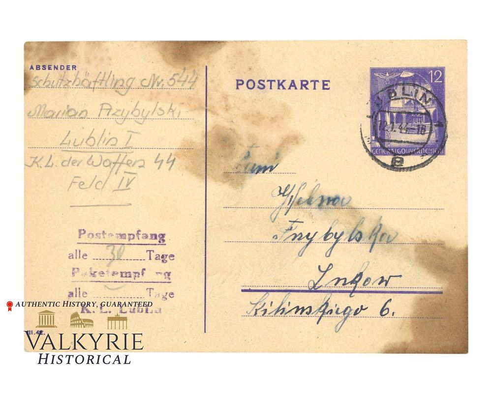 Lot 378: Postcard Sent by Inmate in KL Lublin - Majdanek in 1944