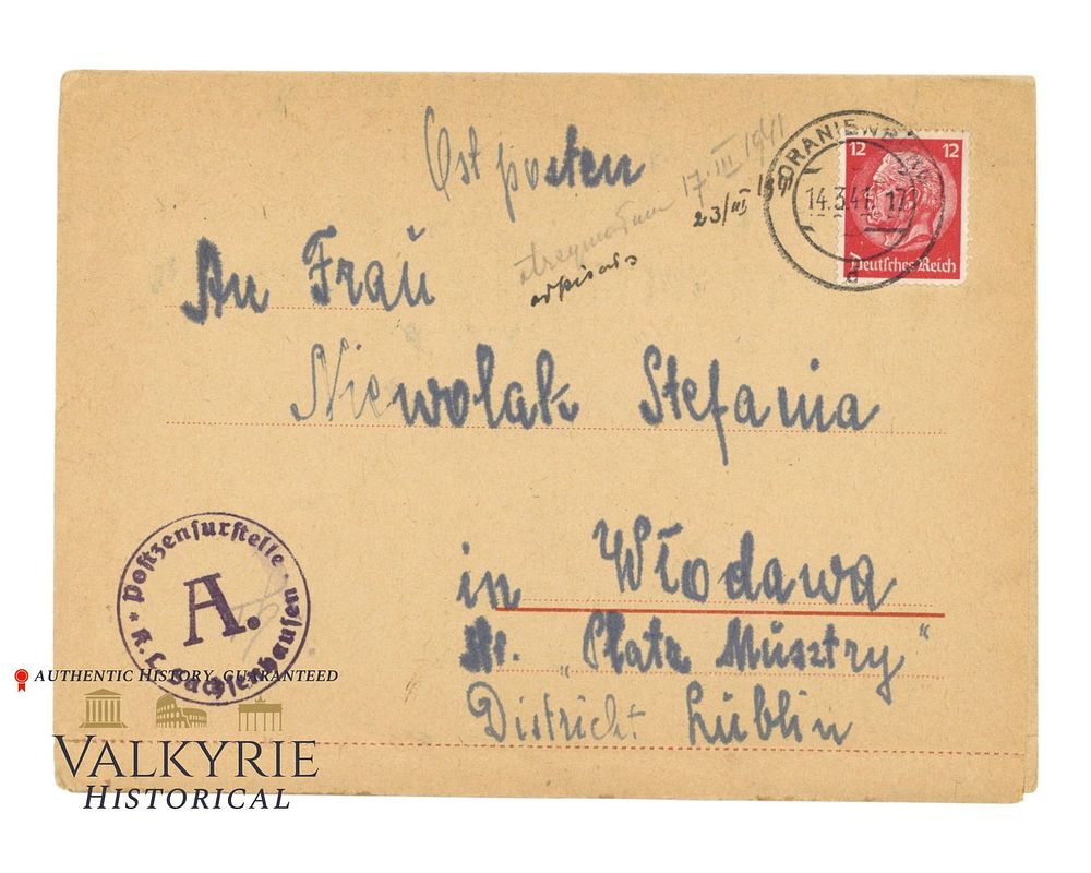 Lot 379: Letter Sent by Inmate From KL Sachsenhausen in 1941