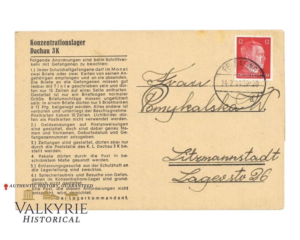 Lot 381: Letter Sent by Inmate From KL Dachau Arbeitskommando Feldafing in 1944
