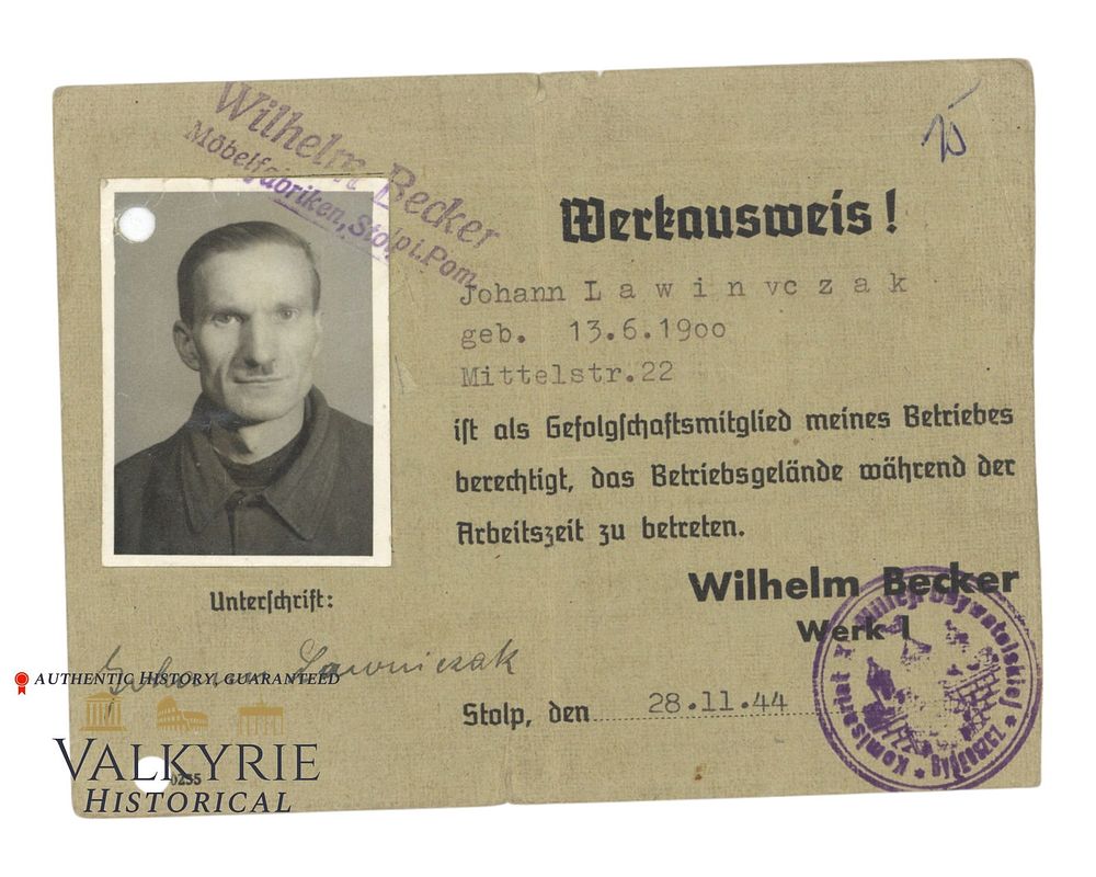 Lot 382: Factory Ausweis Issued to a Foreign Worker Who Was Employed in Wilhelm Becker Furniture Maker