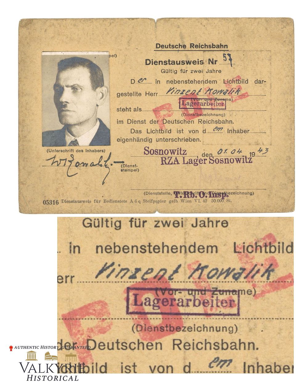 Lot 383: German Railways Service Ausweis Issued to a Polish Slave Labourer From Forced Labour Camp Sosnowitz