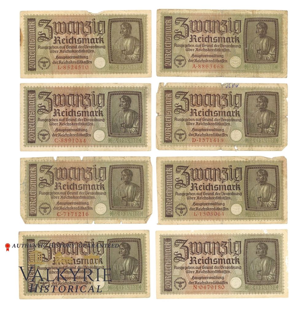 Lot 384: Set of 8 Banknotes of 20 RM Used During III Reich Period