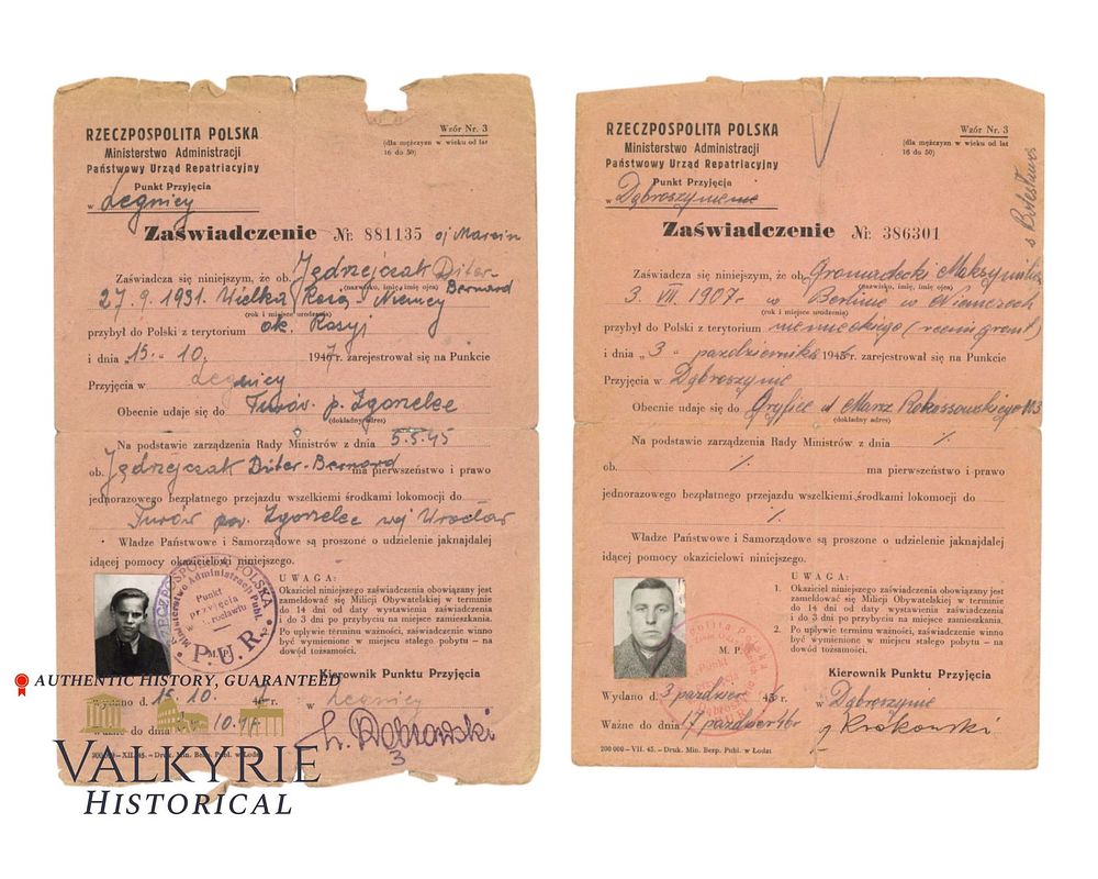 Lot 386: 2 Repatriation Certificates Issued in 1947 to 2 Poles Used as Slave Labour in the III Reich