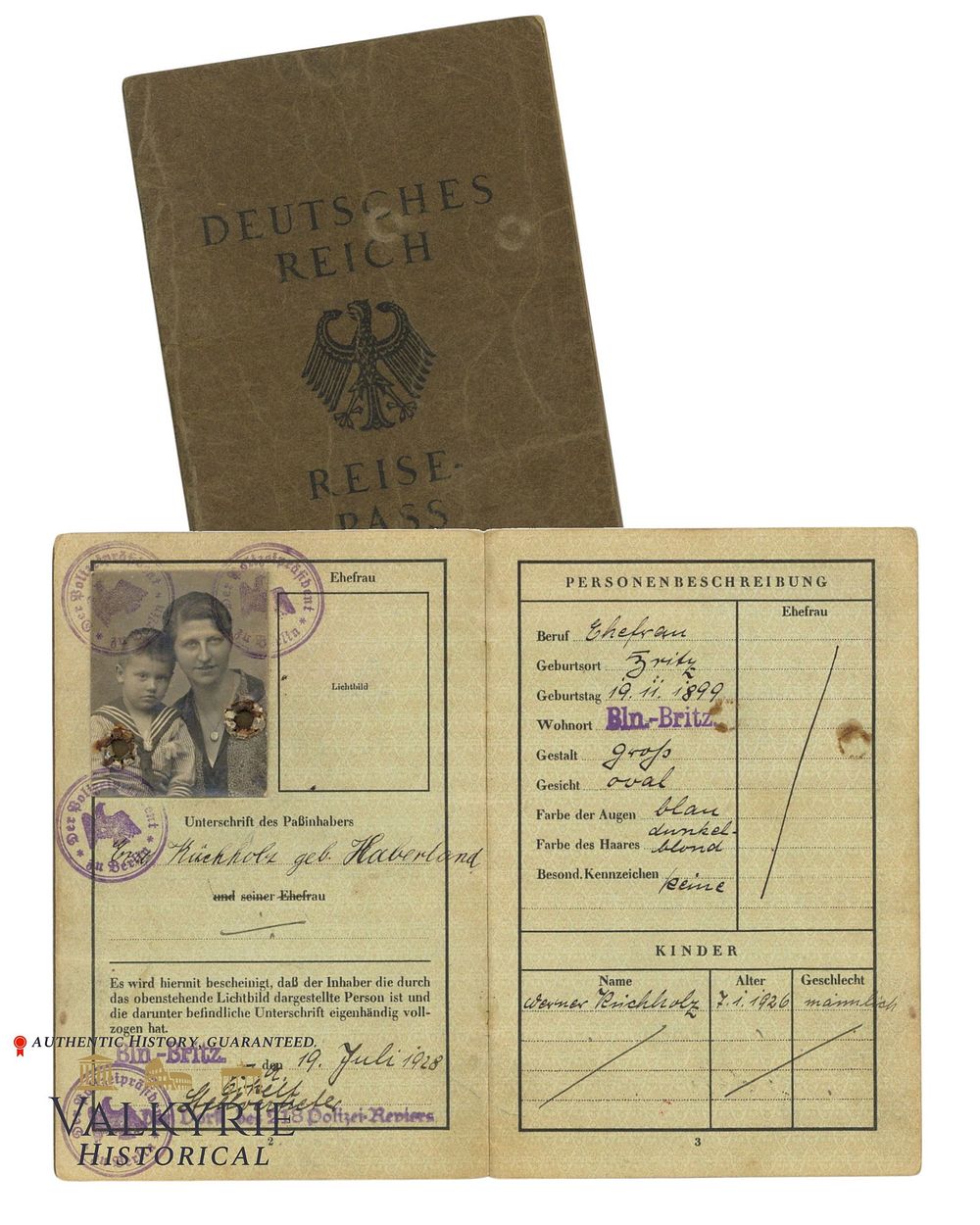 Lot 388: Old German Passport Issued in 1928 to a German Woman and Her Son