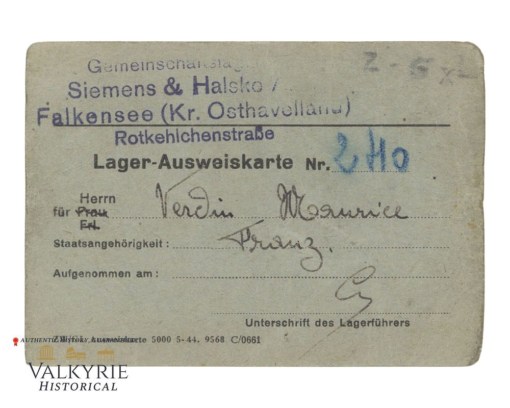 Lot 392: Camp Ausweis Card Issued in 1944 to a French Worker Employed in a German Labour Camp