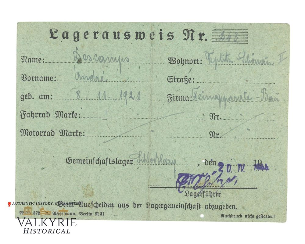 Lot 393: Camp Ausweis Issued in 1944 to a French Worker Employed in a German Labour Camp