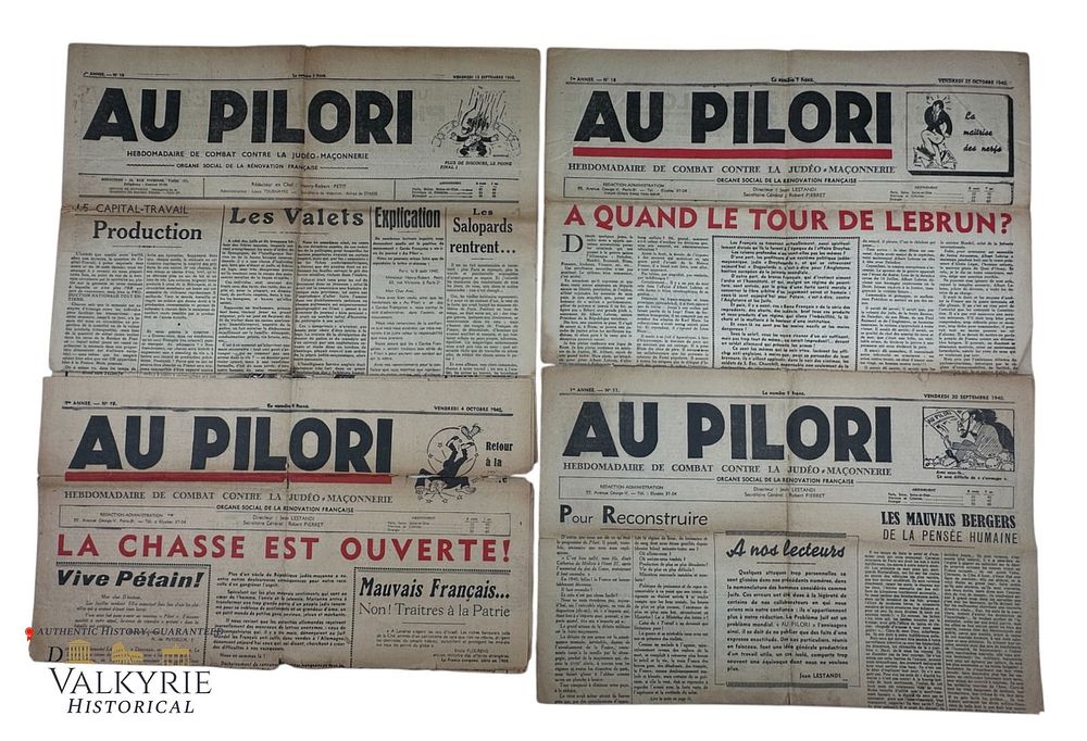 Lot 398: 4 Numbers of the French Anti-Semitic Newspaper "Au Pilori" Published During German Occupied France