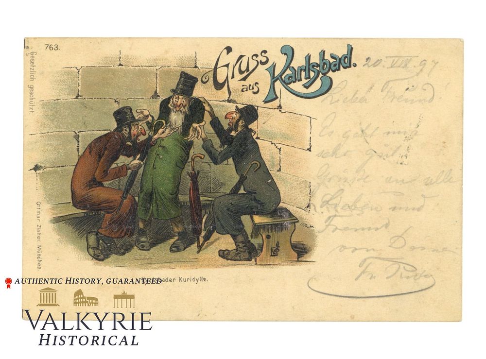 Lot 432: German Anti-Semitic Postcard From 1900 Representing 3 Jewish Beggars "Greetings From Karlsbad"