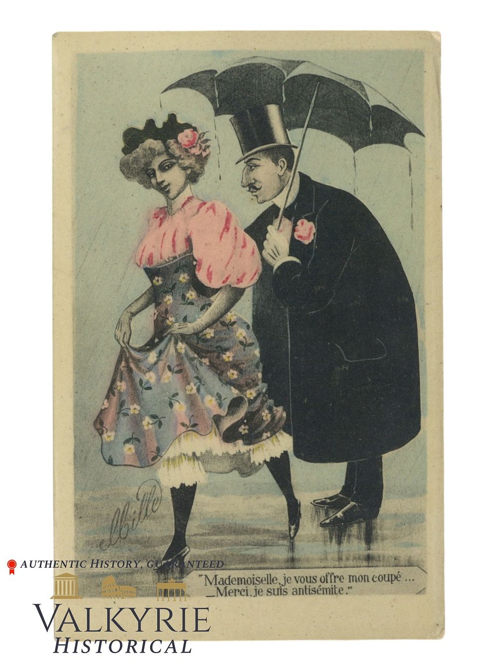 Lot 524: French Anti-Semitic Postcard "Mademoiselle, I Offer You My Umbrella. Thanks. I am an Anti-Semite"