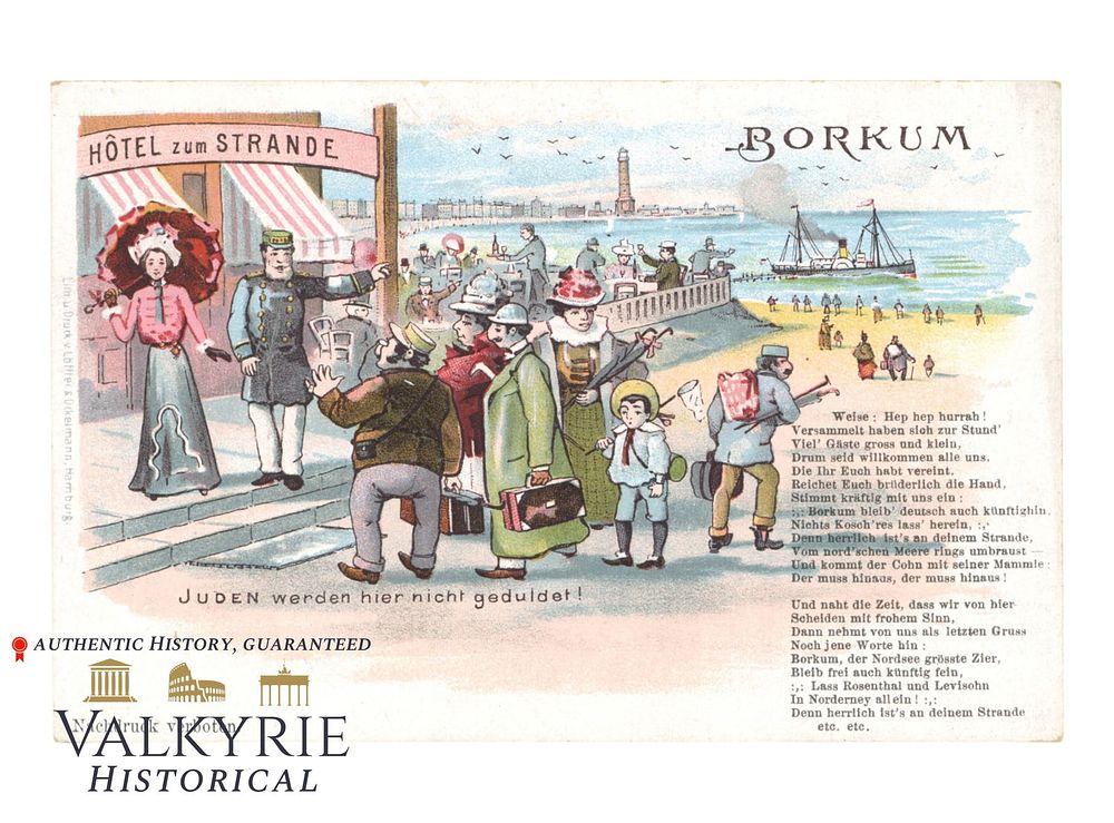 Lot 535: German Anti-Semitic Postcard Representing a Jewish Family Banned From Entering in a Hotel
