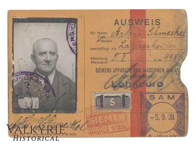 Ausweis Issued to a German Worker of a Lager of the German Electronic Company Siemens. Ausweis 