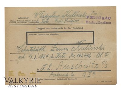 Post Parcel Shipping Receipt of a Packet Sent to a Polish Prisoner in KL Auschwitz. All items 