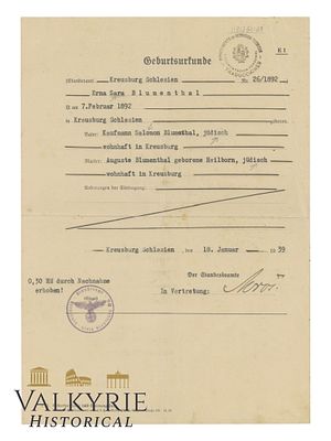 Nazi Period Birth Certificate Issued in 1939 in Kreuzberg - Schlesien a Jewish Woman. Nazi 