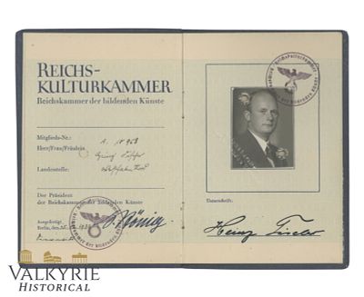 Rare Reichskulturkammer Membership Card Issued in 1933 to a German Man. Rare Reichskulturkammer 