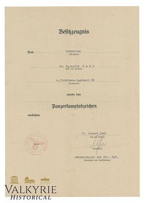 German Award Document of the Panzer Assault Badge Issued in 1941 to a Wehrmacht Gefreiter. WW2 