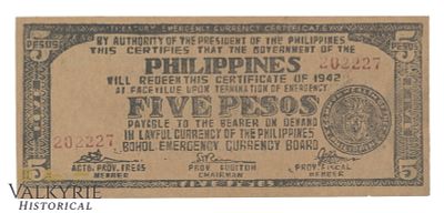 Philippines – Bohol, 5 Pesos, 1943, Pick S143b, AU, Shipping flat cost $25 it doesn't matter 