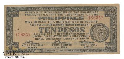 Philippines – Bohol, 10 Pesos, 1943, Pick S144a, AU, Shipping flat cost $25 it doesn't matter 