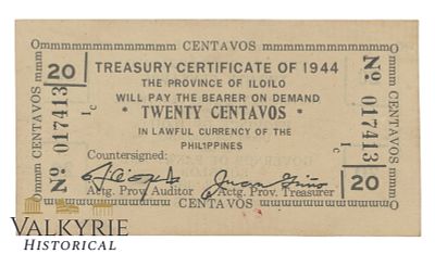 Philippines – Iloilo, 20 Centavos, 1944, Pick S332, AU-, Shipping flat cost $25 it doesn't 